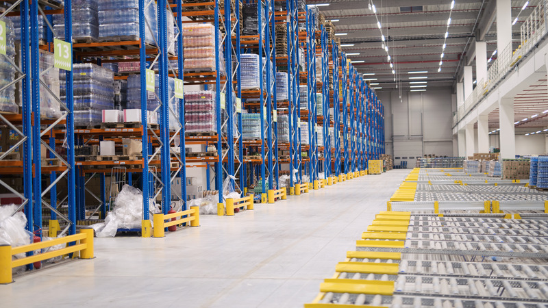 warehouse-storage-interior-with-shelves-loaded-with-goods(1) A spacious warehouse filled with tall shelving units stacked with various goods. The floor is clear, with safety barriers marking the pathways between the shelves.