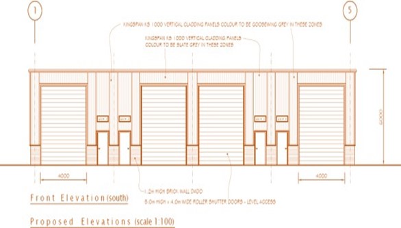 A technical drawing of a proposed front elevation for a building, featuring four roll-up shutter doors and vertical cladding panels. Dimensions and color specifications are indicated, with a scale of 1:100.
